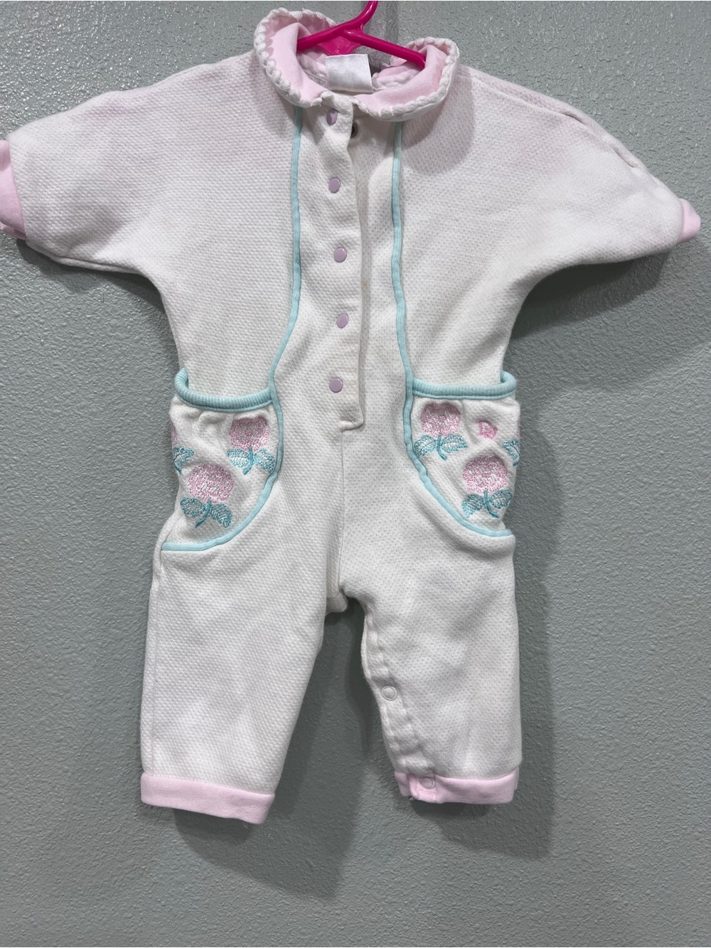 Vintage Baby Dior 3M Floral Embroidered Romper USA Cotton Snap One Piece
